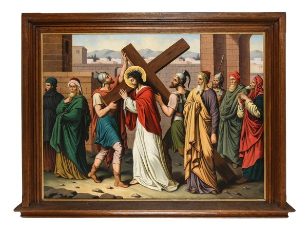 schilderij-Kruiswegstatie-neogotisch-Jesus-romeinse-soldaten-oil-canvas-2-station of the cross-painting-00003